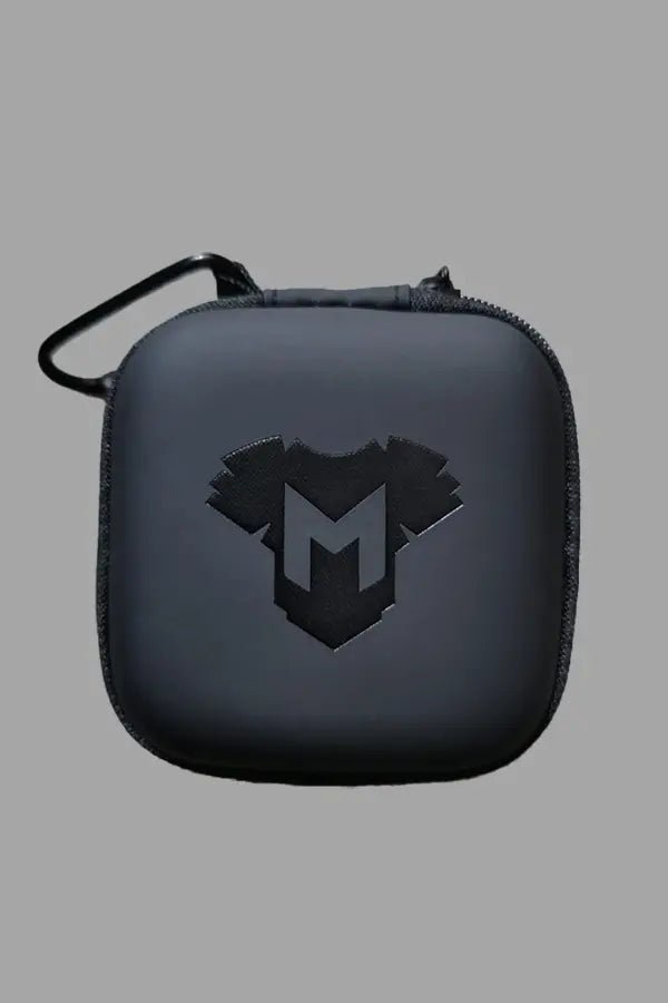 Maskulo black EVA mini zip-case with carabiner for fetish gear and cock rings. Business owner featured in Advocate, Attitude, Tetu.