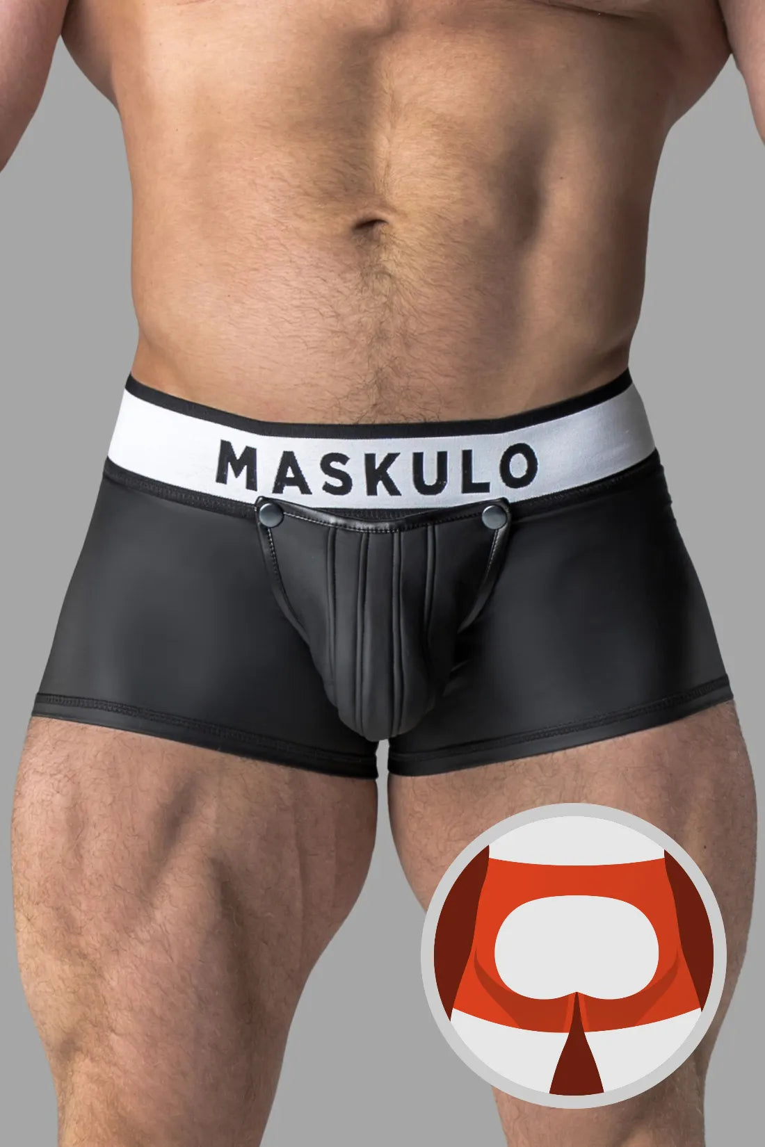 Gepantserd. Trunkshort met rubberen look. Afneembaar zakje. Open achterkant. Zwart