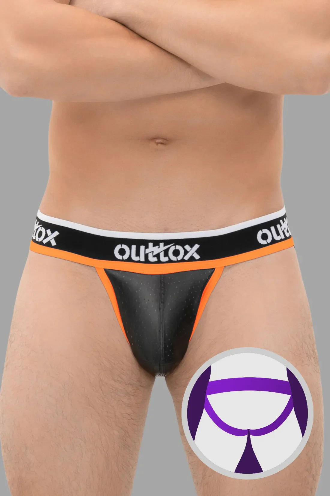 Outtox. Jock mit Druckknopf-Codpiece. Schwarz und Orange