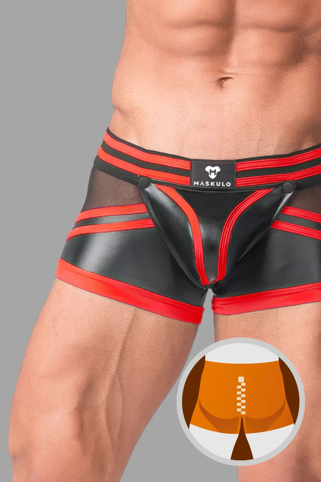 Youngero Generation Y. Trunkshort voor heren. Broekklep. Ritssluiting aan de achterkant. Zwart+Rood