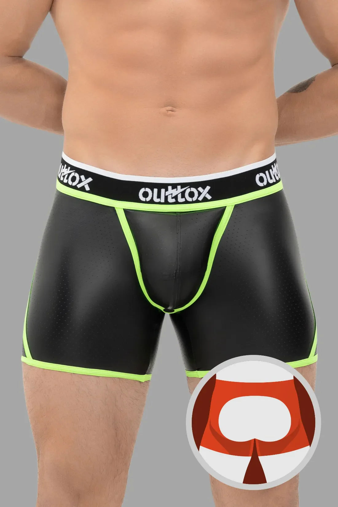 Outtox. Open Rear Shorts with Snap Codpiece. Black and Green &