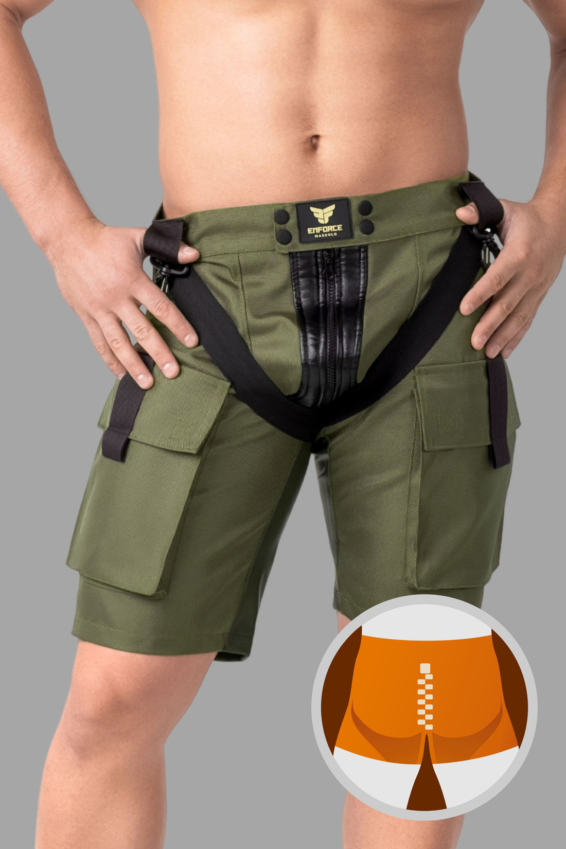 EnForce. Two-Sides Zippered Cargo Shorts. Green &