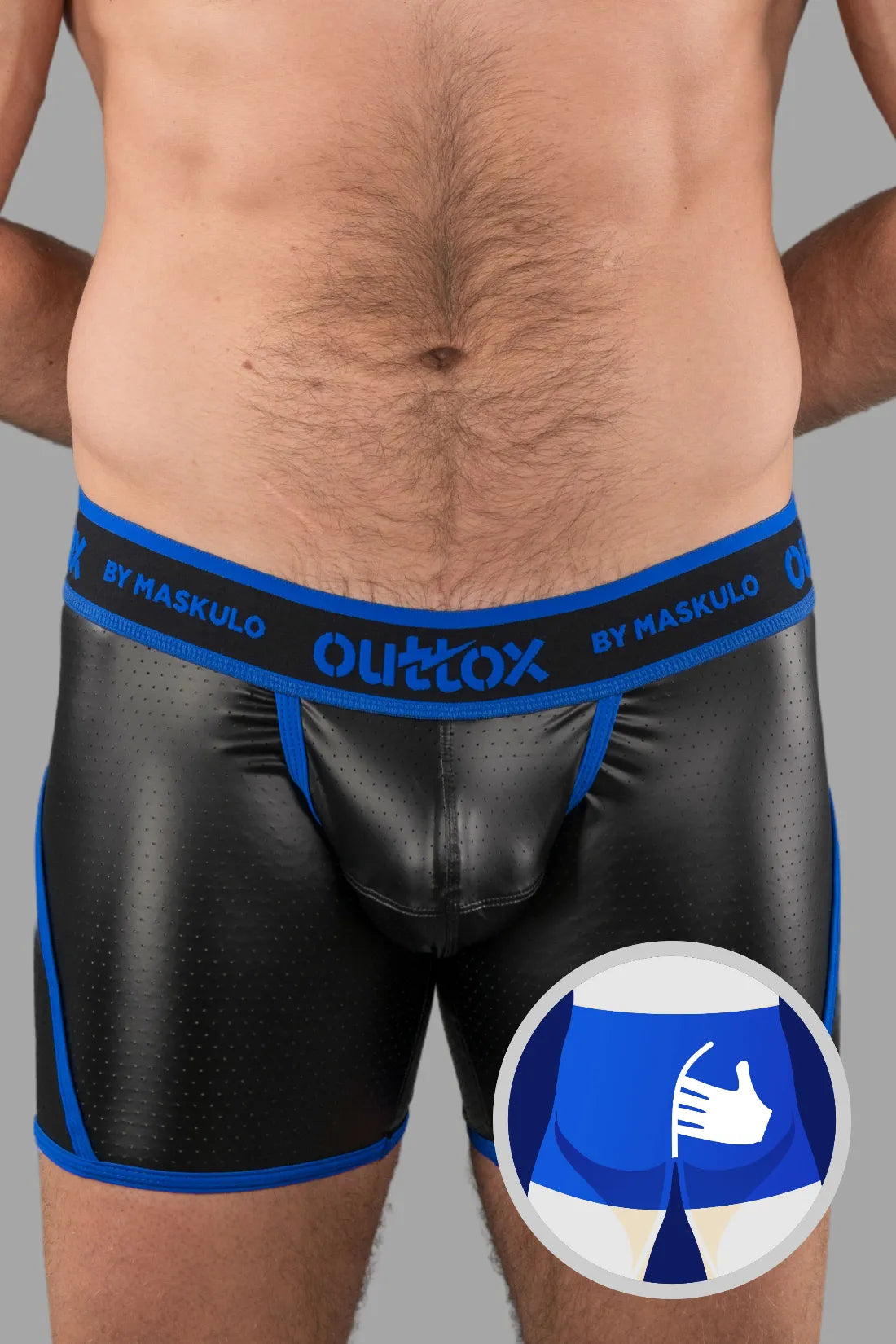 Outtox. Omwikkelde achtershort met drukknoopsluiting. Blauw