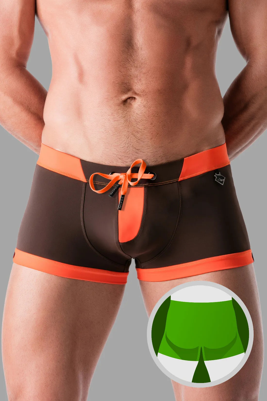 Shorts tipo bóxer de baño con imitación de cremallera en la parte delantera. Marrón+Naranja