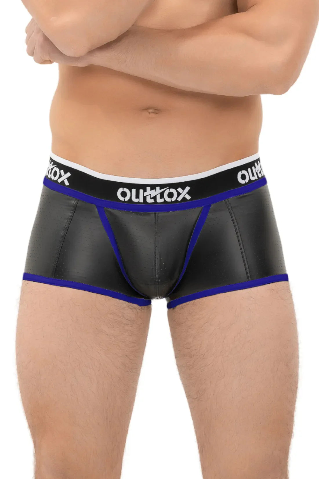 Outtox. Short de coffre arrière enveloppé avec braguette à boutons-pression. Noir et bleu