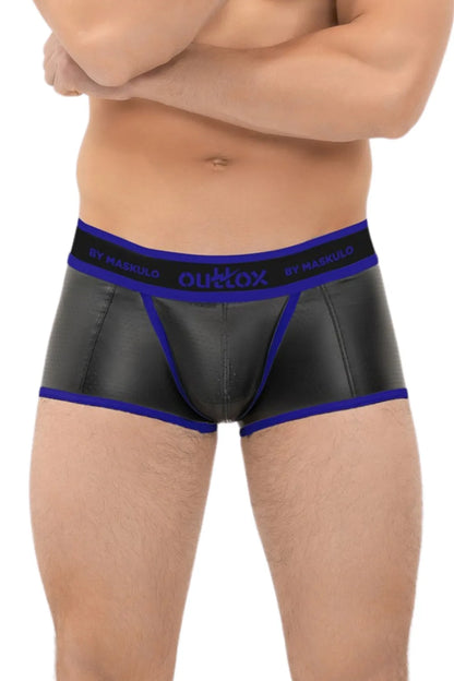 Outtox. Wrapped Rear Trunk Shorts with Snap Codpiece. Black and Blue