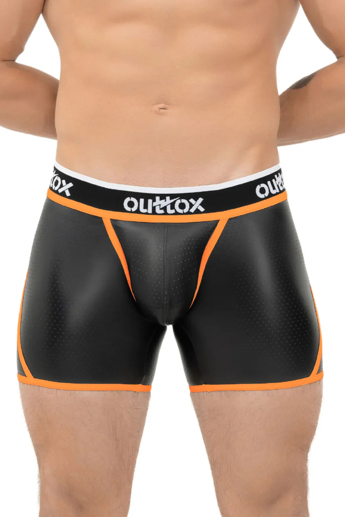 Outtox. Mallas cortas con parte trasera cruzada. Bragueta a presión. Negro+Naranja