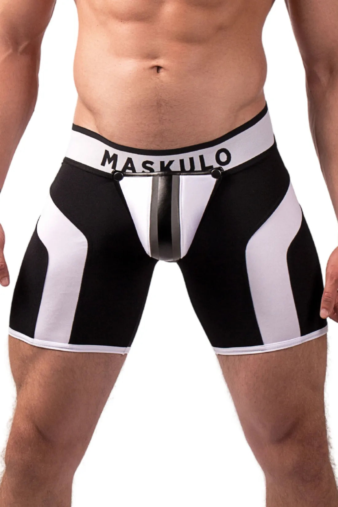 Jovenero. Pantalones cortos de ciclismo Fetish para hombre. Bragueta. Parte trasera con cremallera. Negro+Blanco &