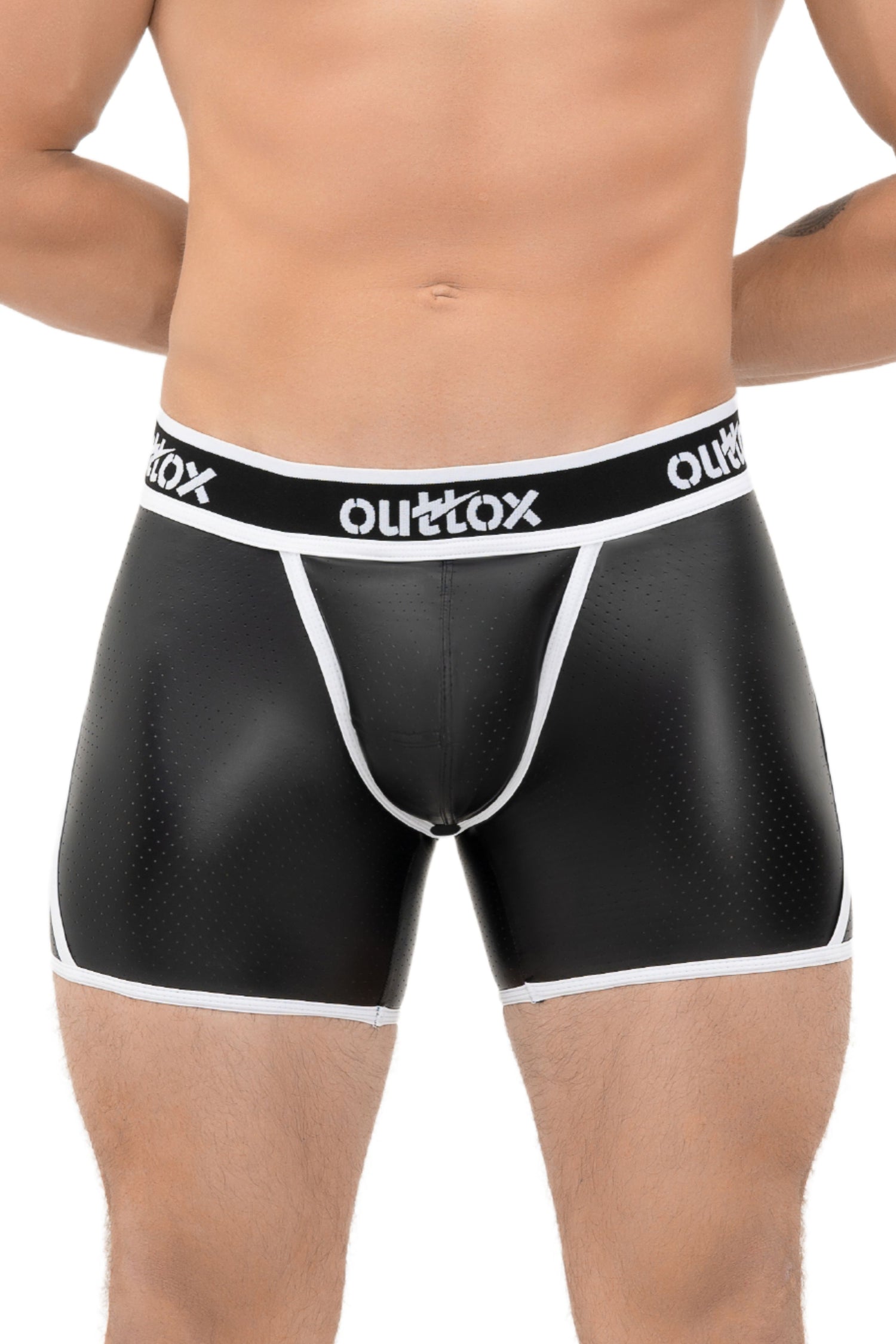 Outtox. Open Rear Shorts with Snap Codpiece. Black+White