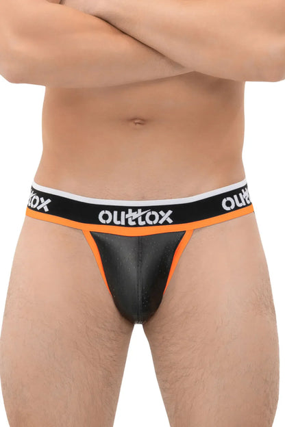 Outtox. Jock mit Druckknopf-Codpiece. Schwarz und Orange