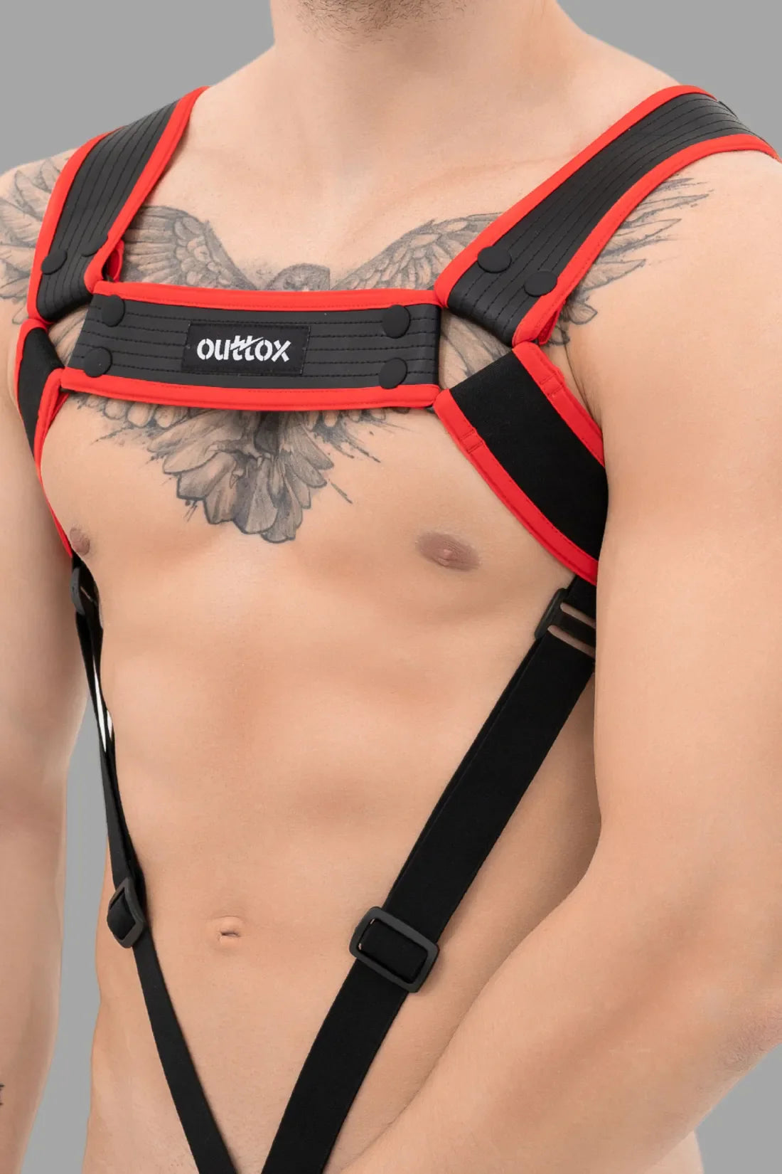 Outtox. Body Harness with Snaps. Black and Red