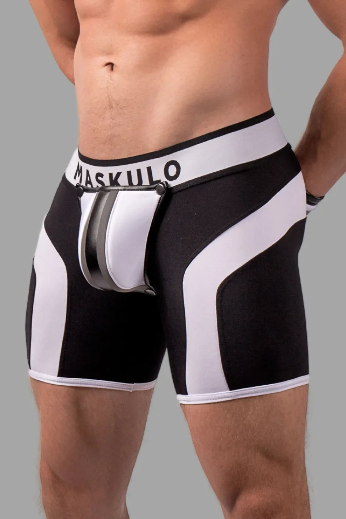 Youngero. Pantalones cortos de ciclismo Fetish para hombre. Bragueta. Parte trasera con cremallera. Negro+Blanco &