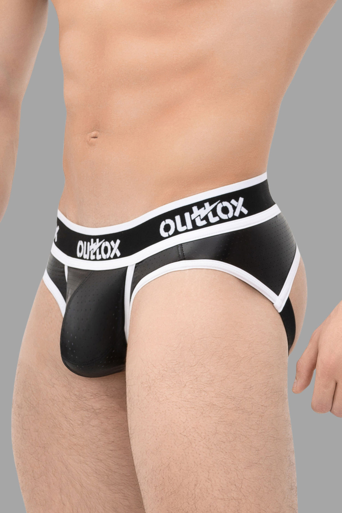 Outtox. Open Rear Briefs with Snap Codpiece. Black+White