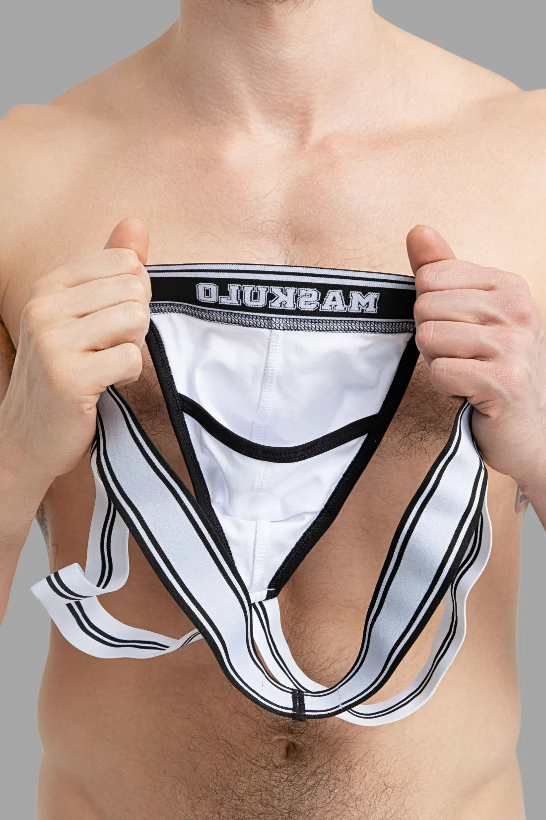 Jockstrap en coton pour collège. Blanc et noir