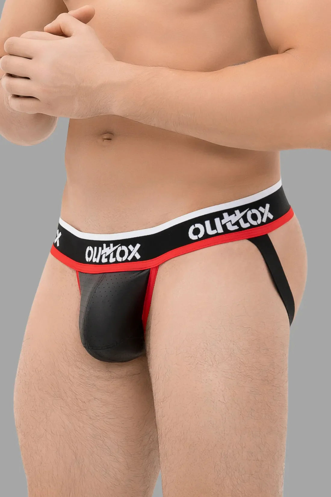 Outtox. Jock con bragueta Snap. Negro+rojo