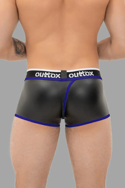 Outtox. Gewickelte Shorts mit Druckknopfverschluss. Schwarz und Blau