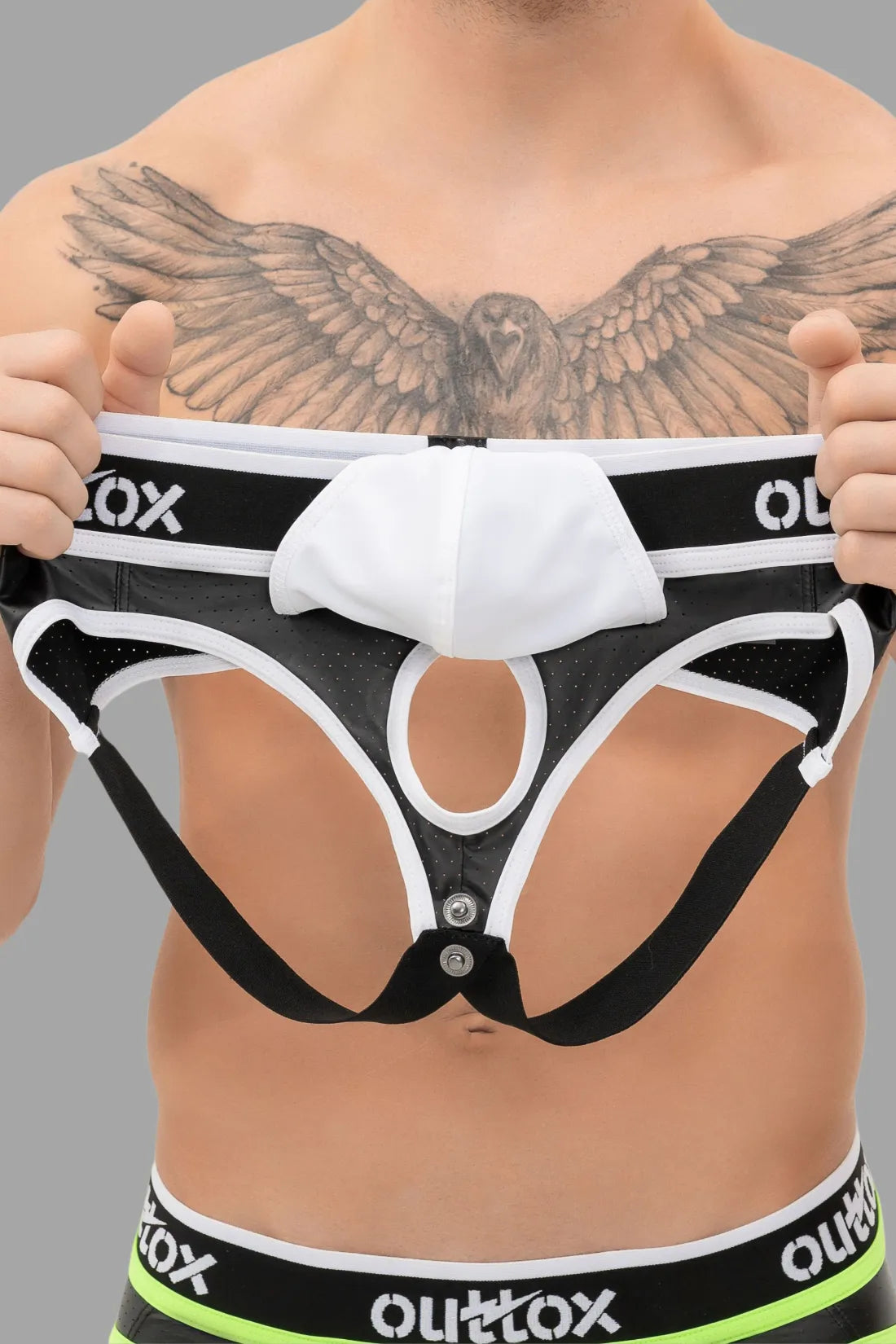 Outtox. Jock met snap-codpiece. Zwart+Wit