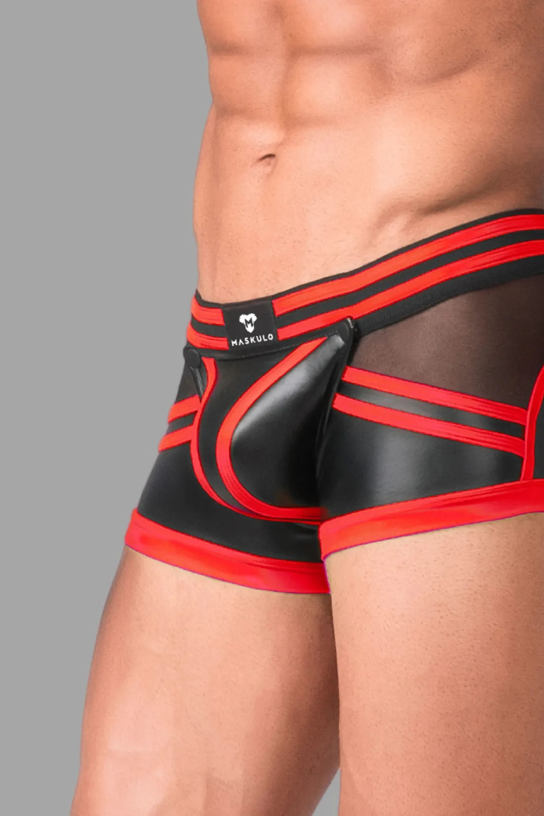 Youngero Generación Y. Shorts tipo baúl para hombre. Bragueta. Parte trasera con cremallera. Negro+rojo