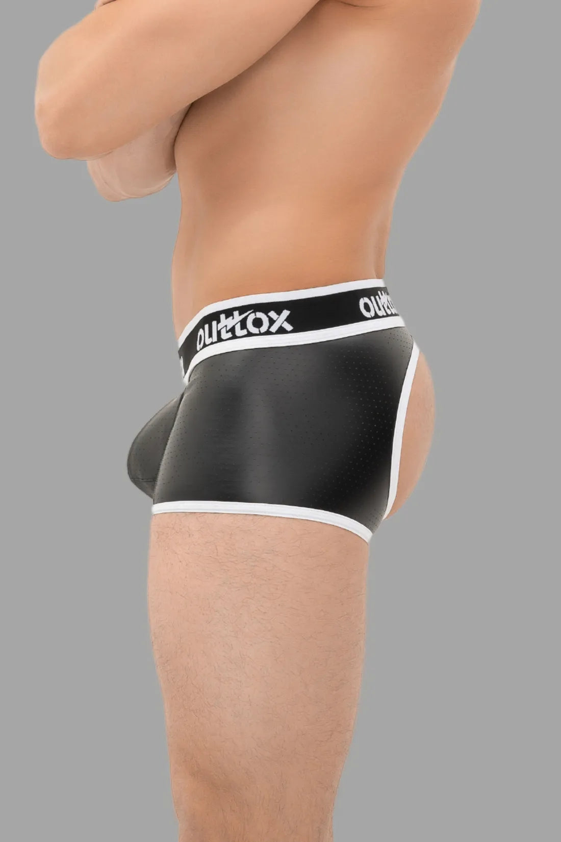 Outtox. Open Rear Trunk Shorts with Snap Codpiece. Black and White