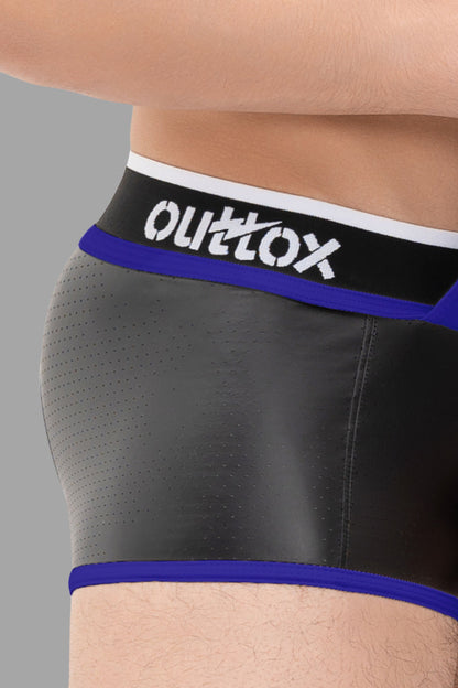 Outtox. Pantalones cortos con parte trasera abierta y bragueta a presión. Negro+Azul &