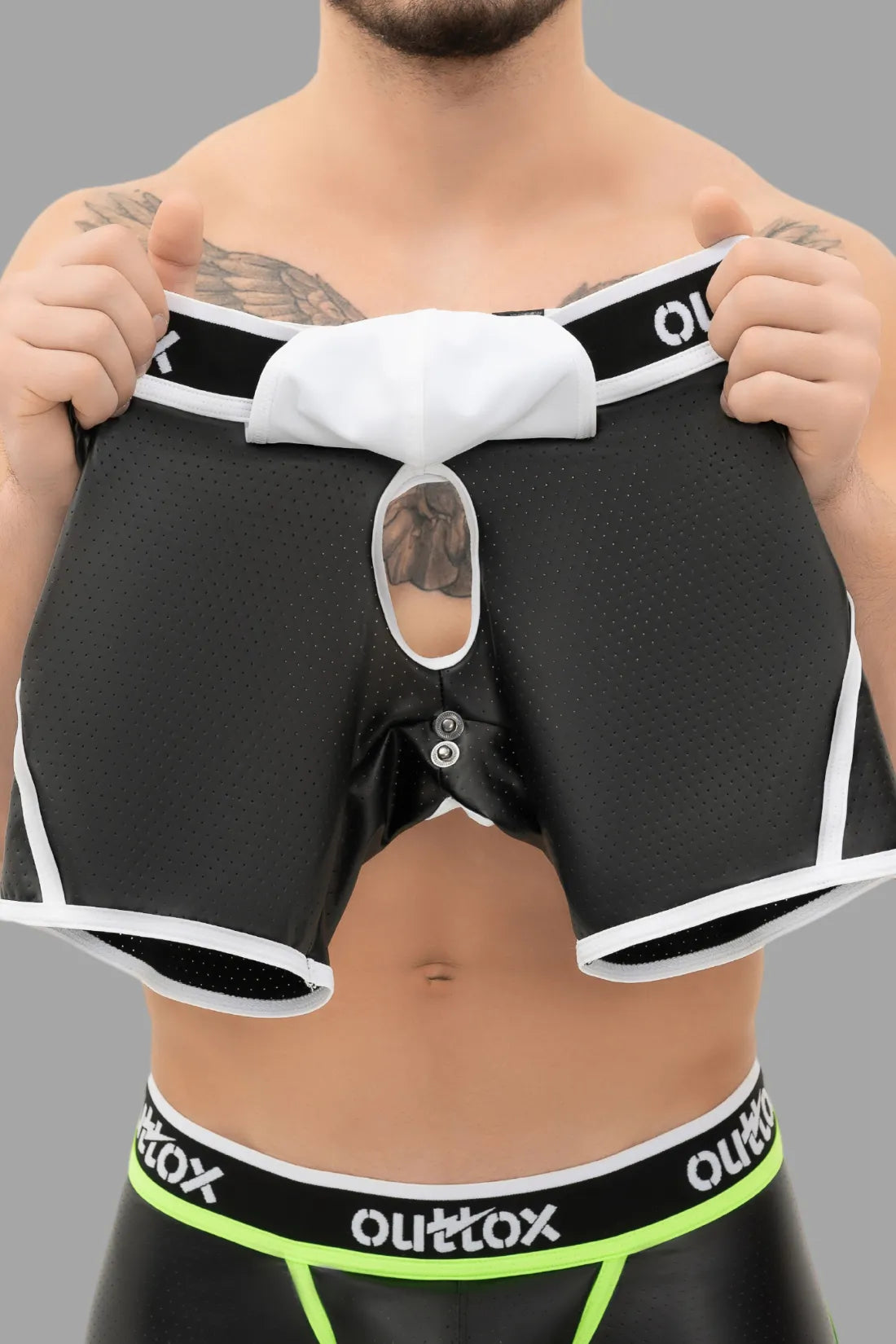 Outtox. Open Rear Shorts with Snap Codpiece. Black and White