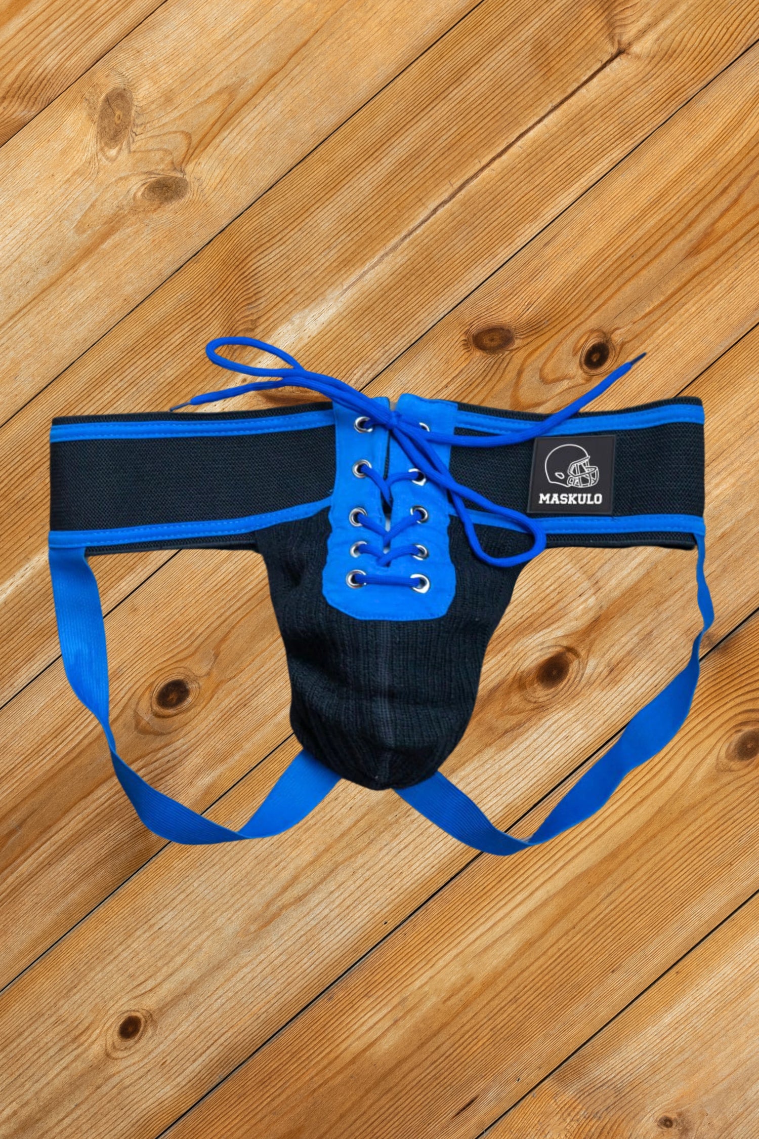 Liam Gridd-Iron, Jockstrap de Fútbol Americano. Negro + Azul Real