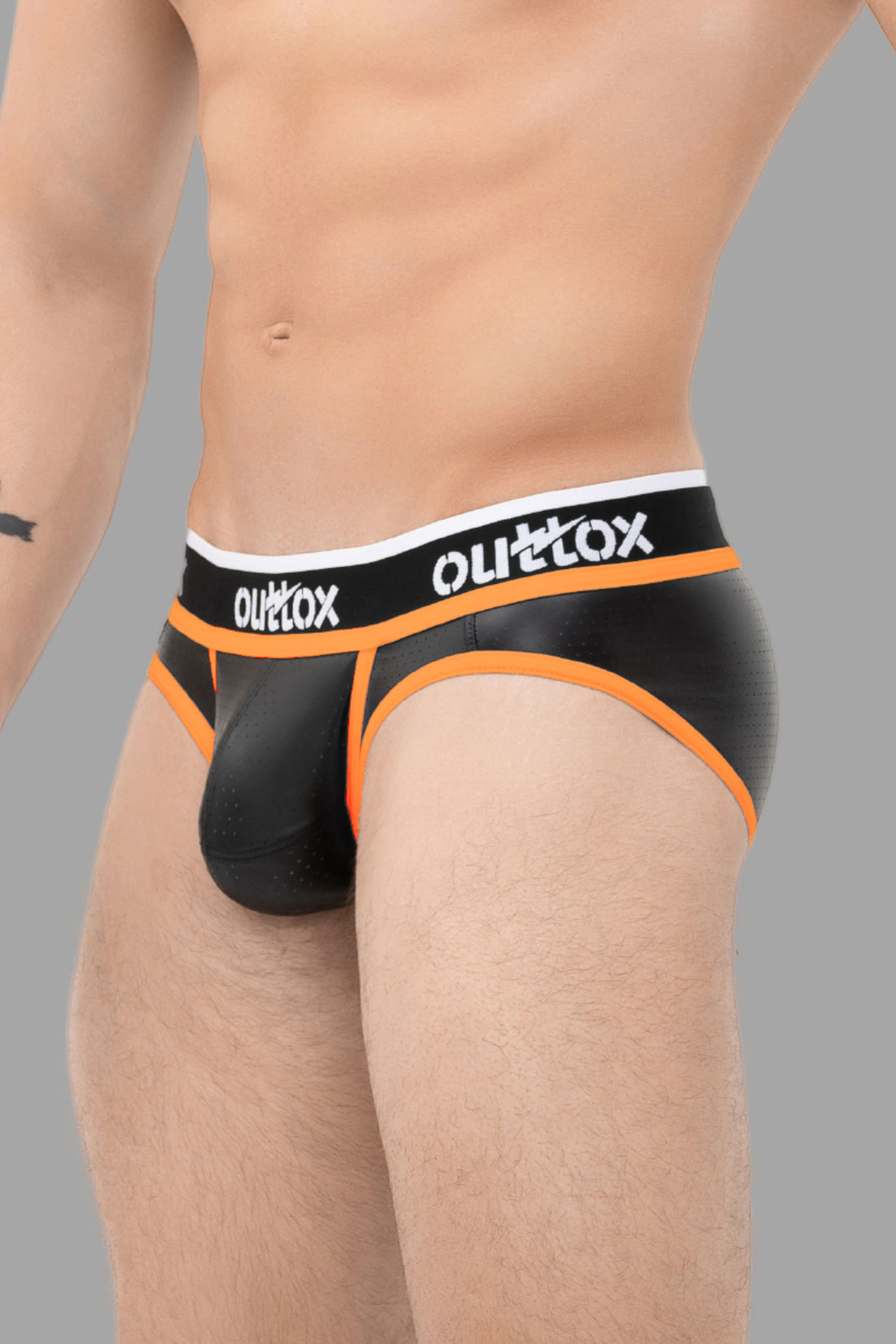 Outtox. Wrapped Rear Briefs with Snap Codpiece. Black+Orange