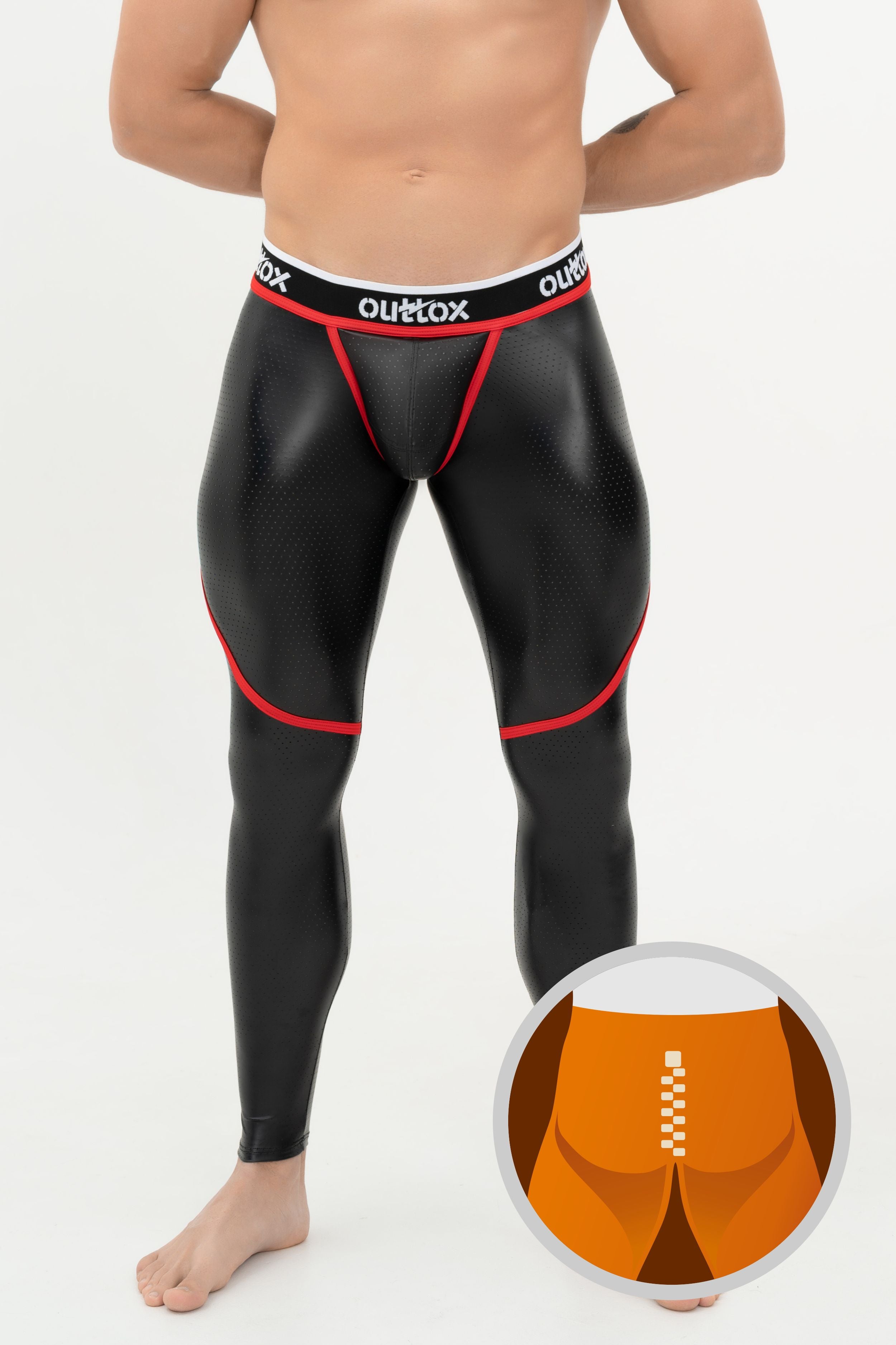 Outtox. Zip-Rear Leggings with Snap Codpiece. Black+Red