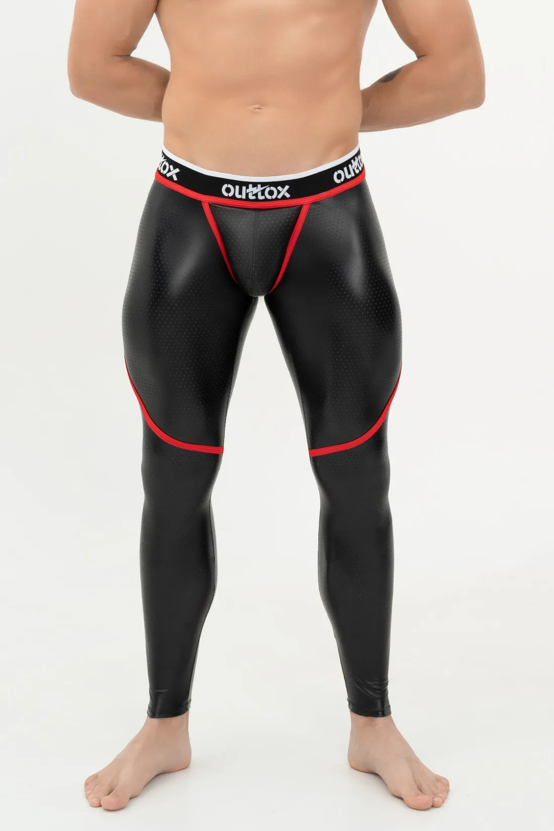 Outtox. Zip-Rear Leggings with Snap Codpiece. Black and Red