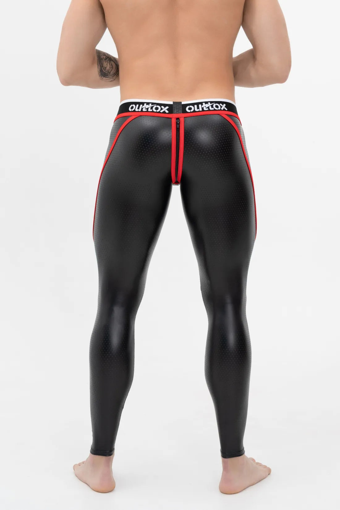 Outtox. Zip-Rear Leggings with Snap Codpiece. Black and Red