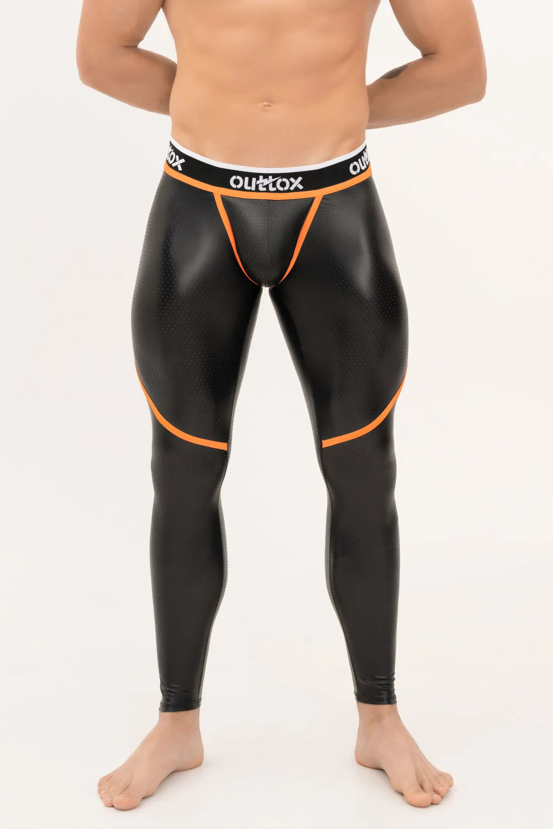 Outtox. Zip-Rear Leggings with Snap Codpiece. Black and Orange