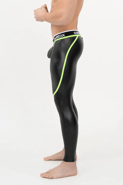 Outtox. Zip-Rear Leggings with Snap Codpiece. Black and Green &