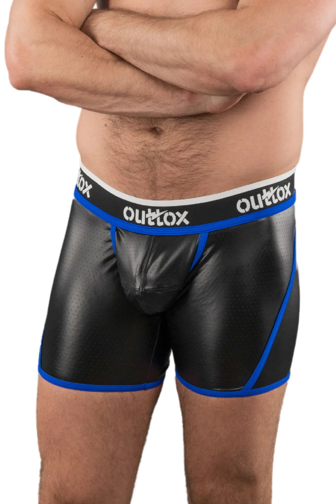 Outtox. Open achtershort met drukknoopsluiting. Blauw