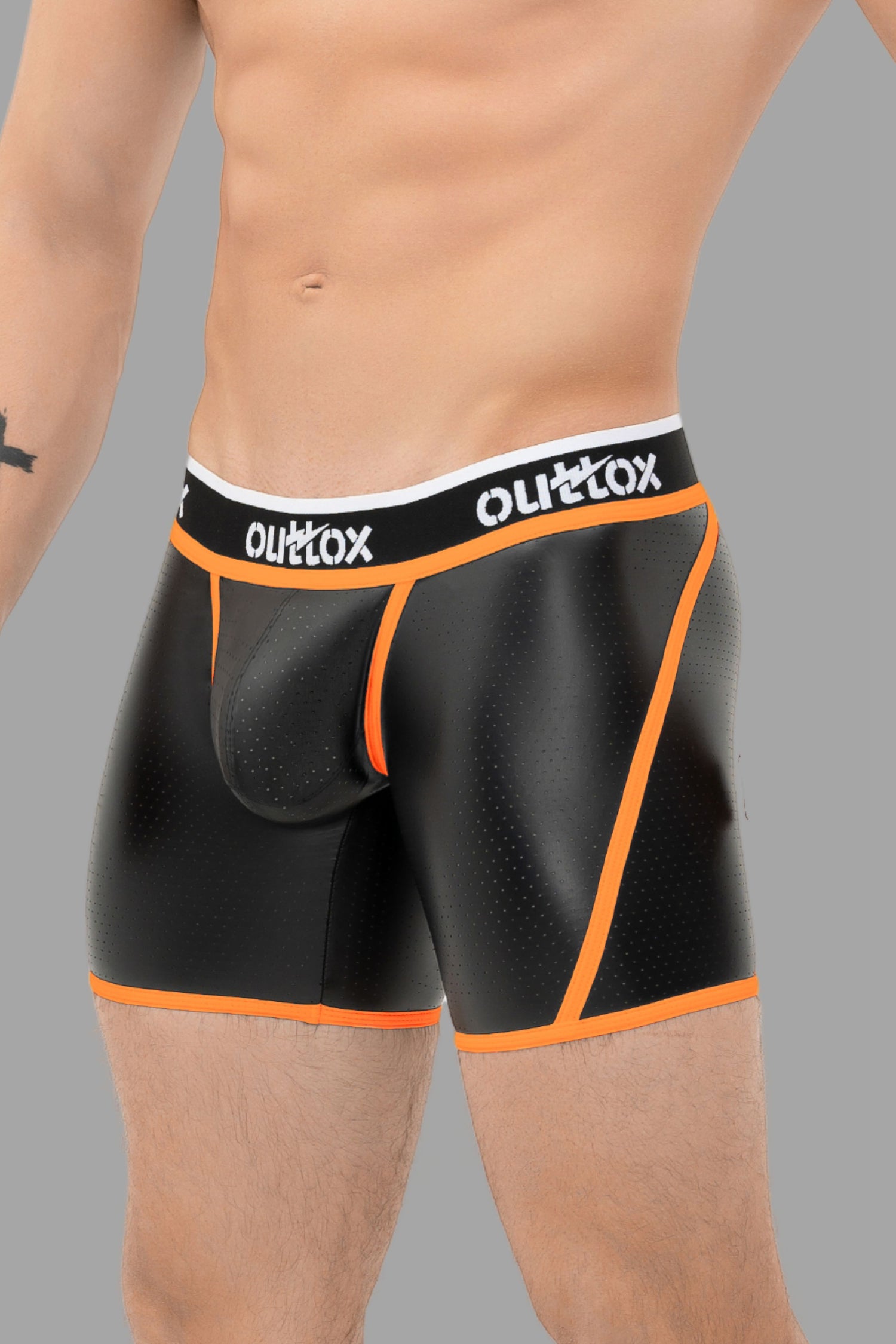 Outtox. Wrap-Rear Short Tights. Snap Codpiece. Black+Orange