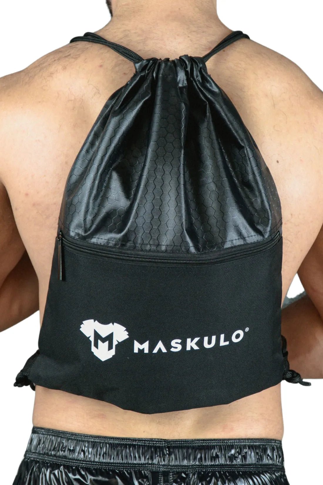 Maskulo Black polyester Drawstring Bag for gym or party. Essential gear for leather fetish fans and the puppy subculture.