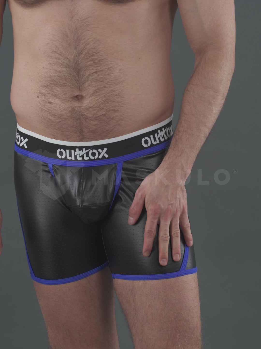 Outtox. Open Rear Shorts with Snap Codpiece. Black and Blue